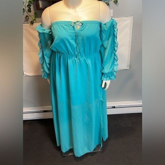 Cupshe Sexy Boho Off shoulder Beach Style ruffles split Turquoise‎ L RefCPS086 - Picture 11 of 13